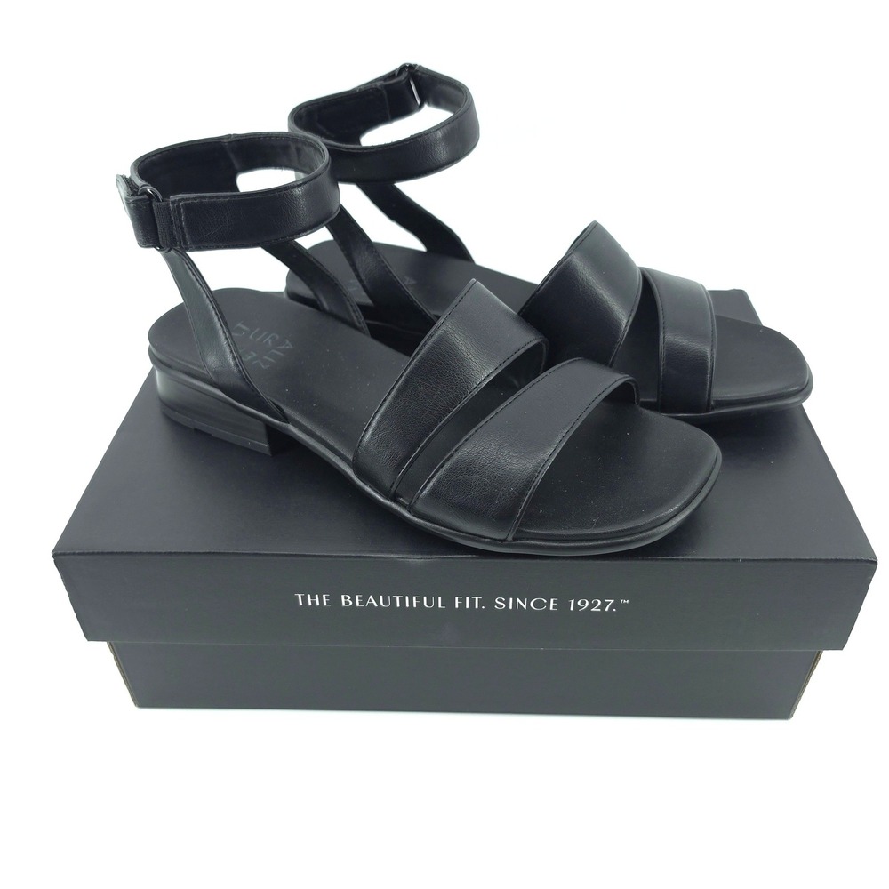 Naturalizer Womens Effie Sandal Faux Leather Black 7W Wide Ankle Strap Flat NEW